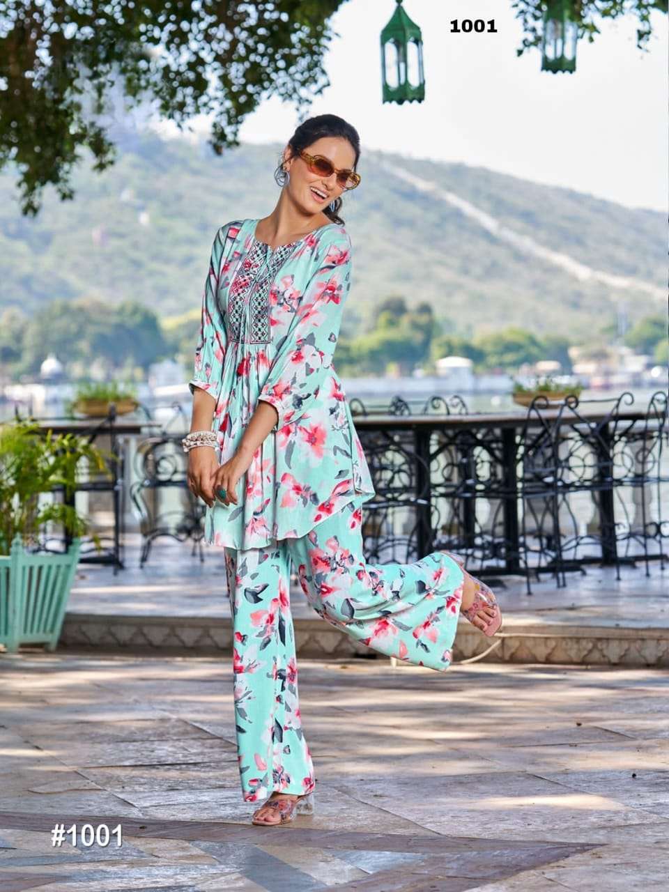 ALEXA HEAVY RAYON RINKLE PRINT WITH EMBROIDERY WORK TOP WITH BOTTOM CORD SET BY S3FOREVER BRAND 1001